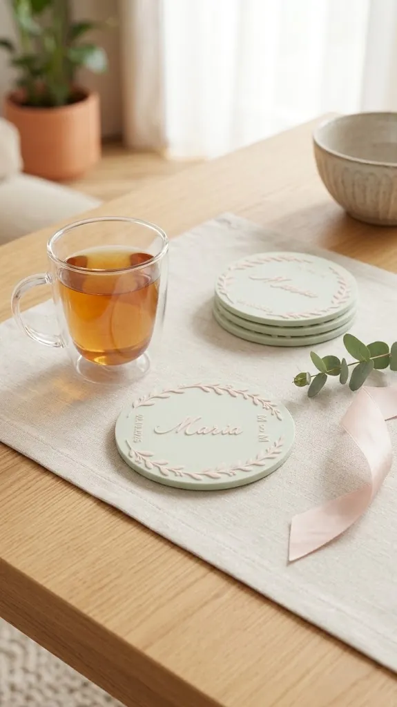 Mintfarbene Untersetzer mit Namen auf einem gedeckten Tisch